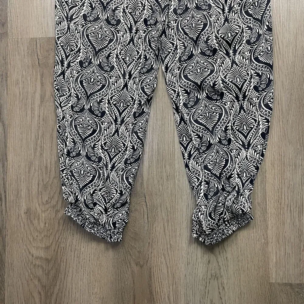 By Anthropologie Jumpsuit Womens 10 Black White Paisley Ruffle Neck Jogger Cuff - Picture 7 of 9